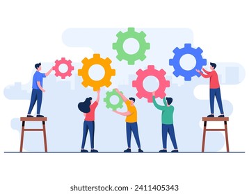 Finding new ideas, Business people join jigsaw puzzle pieces flat illustration vector template, Teamwork, Partnership, Cooperation, Achievement, Solution, Problem-solving,