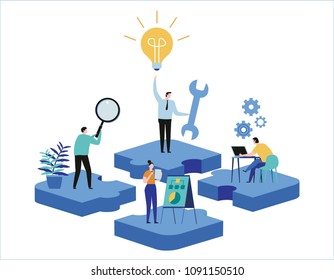 Finding new ideas. problem solving. Vector illustration banner.Teamwork search for solutionsMiniature people team workingflat cartoon design for web mobile