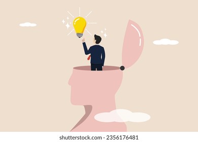 Finding new ideas or solutions to solve problems, inspiration or creativity, men find new ideas above human heads. Successful businessman illustration.