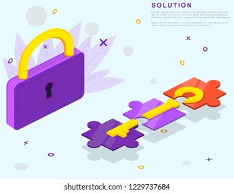 Finding new ideas and solutions together that puzzle.  Vector illustration banner. Teamwork search for solutions Miniature lock with key puzzle working flat cartoon design for web mobile illustration