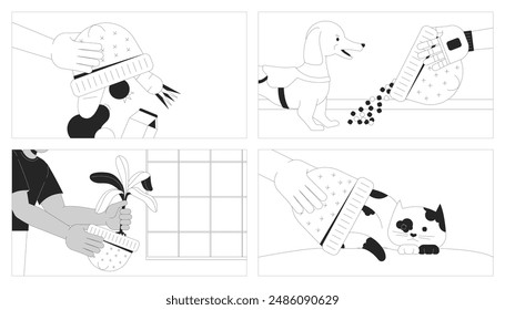 Finding new usage of hats black and white line illustration set. Knitted head accessory alternative functions 2D character monochrome background. Creativity outline scene vector image collection