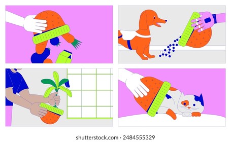 Finding new usage of hats cartoon flat illustration set. Knitted head accessory alternative functions 2D line character colorful background. Creativity scene vector storytelling image collection