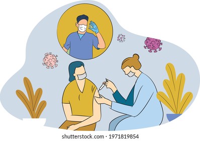 Finding new vaccine for coronavirus, new hope for humanity, doctor injects vaccine to a person, and hand holding injection.
