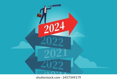 Finding Opportunity and Direction in Confusion or Dilemma, Business Decision Making, Career Development and Planning, Businessman with Binoculars Standing at the Top of a Road Sign Looking for a Way O