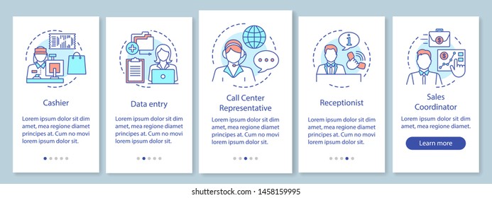 Finding part time jobs onboarding mobile app page screen with linear concepts. Receptionist, sales coordinator walkthrough steps graphic instructions. UX, UI, GUI vector template with illustrations