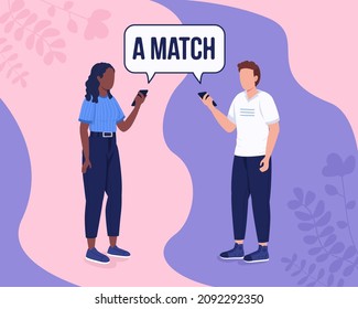 Finding perfect match online flat color vector illustration. New couple. Single girl and boy looking for romantic relationships 2D cartoon characters with abstract space on background