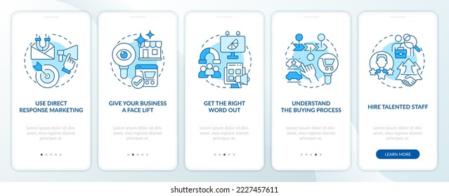 Finding potential clients blue onboarding mobile app screen. Walkthrough 5 steps editable graphic instructions with linear concepts. UI, UX, GUI template. Myriad Pro-Bold, Regular fonts used