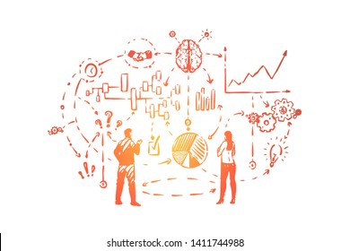 Finding problem solution, planning ahead of schedule, thought process, reviewing charts and graphs, brainstorming new ideas. Developing strategy concept sketch. Hand drawn vector illustration