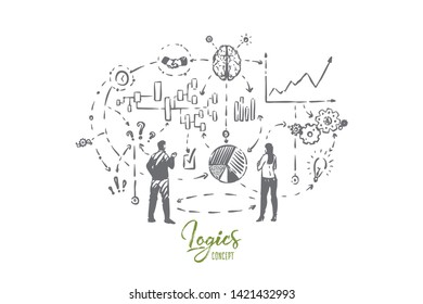 Finding problem solution, planning ahead of schedule, thought process, reviewing charts and graphs, brainstorming new ideas. Developing strategy concept sketch. Hand drawn vector illustration