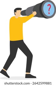 Encontrar problemas e problemas, dúvidas ou incertezas, procurar respostas ou significado, o empresário de pé com binóculos na frente de um ponto de interrogação olhando para a ilustração de estoque de distância