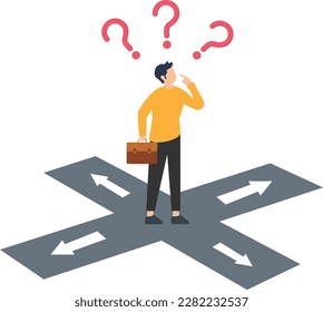 Finding purpose, achieve goal, existential crisis to discover life meaning, challenge to define business target concept, confused businessman thinking about business direction
