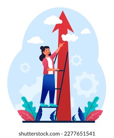 Finding purpose concept. Woman with big red arrow. Selfdevelopment and motivation, income growth. Existential crisis to discover life meaning. Business progress. Cartoon flat vector illustration