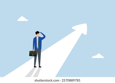 Finding purpose, perplexed entrepreneur targeting future goal arrow 