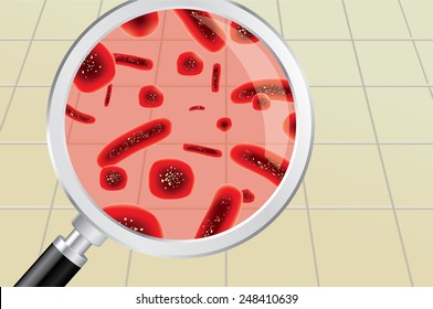 Finding red germs and bacteria on bathroom floor with magnifying glass