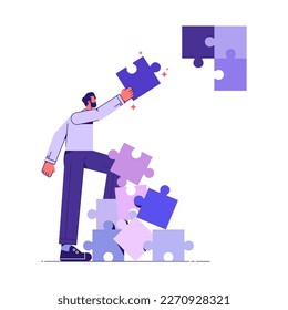 Finding the right business solution concept, man fitting together pieces of a jigsaw puzzle, solutions and problem solving, flat vector illustration