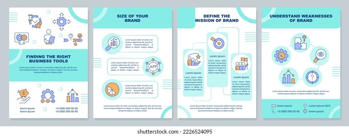 Finding right business tools turquoise brochure template. Leaflet design with linear icons. Editable 4 vector layouts for presentation, annual reports. Arial-Black, Myriad Pro-Regular fonts used
