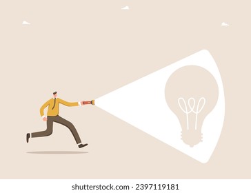 Finding a right direction to create innovation, big idea to solve business problems, new opportunities, brainstorming to achieve success in the set goals, man with flashlight looking for a light bulb.