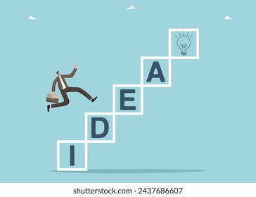 Finding a right direction to create innovation, big idea to solve business problems, new opportunities, brainstorming to achieve success in the set goals, man running up the steps of an idea.