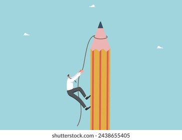 Finding a right direction to to reach heights, big idea to solve business problems, new opportunities, brainstorming to achieve success in the set goals, a man climbs a rope to the top of a pencil.