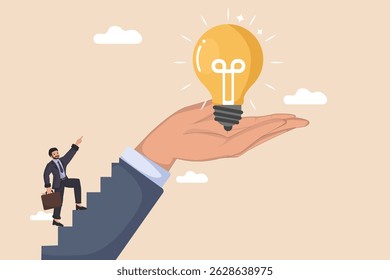 Finding the Right Idea. Businessman Climbing Stairs Towards a Guiding Hand Offering a Bright Lightbulb.