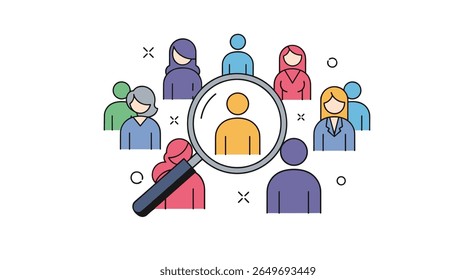 Finding the right individual within a group using a magnifying glass illustrating target audience identification and recruitment process