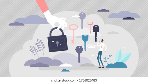 Finding the right key scene vector illustration.  Flat tiny person concept. Symbolic solution finding in situation with various paths, directions and decisions. Creative strategy think visualization