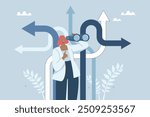 Finding the right path, Business opportunity or the right path to success, Decision making or choosing a business destination, Businesswoman using binoculars to find the right path. Vector design.