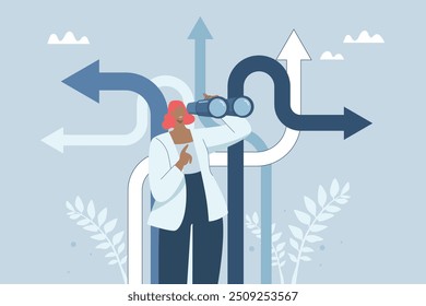 Finding the right path, Business opportunity or the right path to success, Decision making or choosing a business destination, Businesswoman using binoculars to find the right path. Vector design.