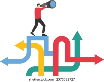 Finding the right path, Business opportunity or the right path to success, Decision making or choosing a business destination, Businesswoman using binoculars to find the right path. Vector design.

