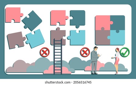 Finding the right solution. Correct result. A simple solution to a complex problem with proper process control. Vector illustration. Vector.