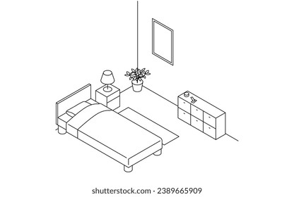 Finding a room for rent: bedroom, simple isometric with bed and bedside lighting, Vector Illustration