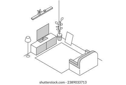 Mieten eines Zimmers: Wohnzimmer, TV und Sofa, einfach isometrisch, Vektorgrafik