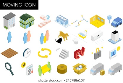 Finding a room for rent: moving icon set, isometric illustration						, Vector Illustration