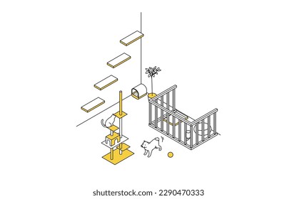 Finding a room for rent: pet-friendly property, cat tower and dog circle simple isometric, Vector Illustration