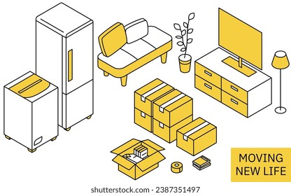 Finding a room for rent: preparing to move in, simple isometric, Vector Illustration