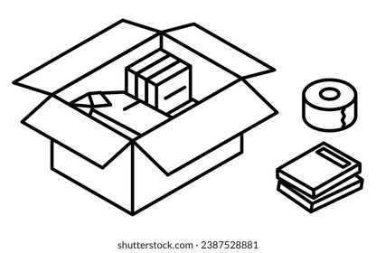 Finding a room for rent: preparing to move in, simple isometric, black and white, Vector Illustration