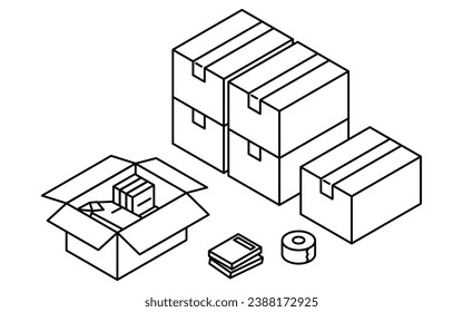Encontrar una habitación de alquiler: preparación para moverse en, isométrico simple, negro y blanco, Ilustración vectorial