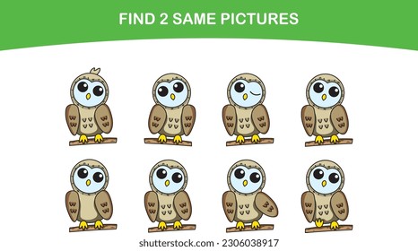 Finding the same owl. Find 2 similar images. children's education. Cartoon vector illustration