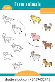 Finding the Same Pictures Educational Game for Preschool Children. Matching game with farm animals. Country village puzzle with cute cow, pig, sheep, horse, goat and cat. 