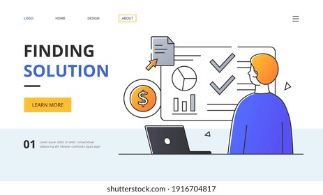 Finding solution abstract concept with a young man looking at a table with graphs. Outline flat minimal style cartoon vector illustration. Website, web page, landing page template