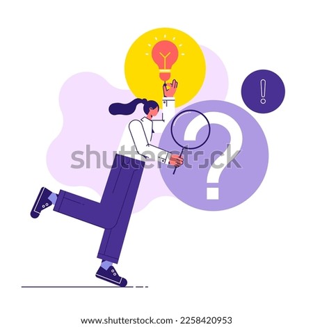 Finding solution in business concept. woman holding magnifying glass over question mark symbol finding solution in work. Search for solution or new business opportunity, vector illustration