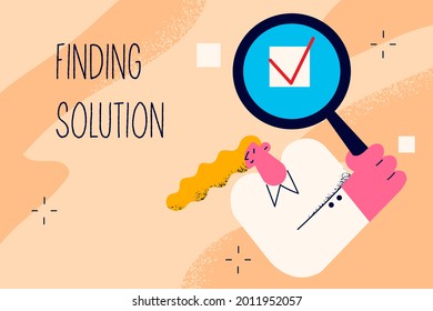 Finding solution in business concept. Young business woman holding magnifying glass over marked task finding solution in work with lettering vector illustration