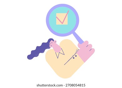 Encontrar soluciones en el concepto de negocio. Mujer de negocios joven que sostiene la lupa sobre la solución marcada de la búsqueda de la tarea en trabajo con la Ilustración vectorial de letras