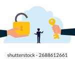 Finding the solution. A businessman stands between two giant hands, one holding a key and the other an open padlock