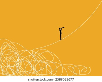 Finding a Solution. Businessman Walks Away from Chaos and Looks into Telescope