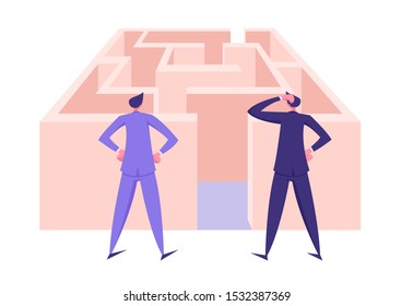 Finding Solution, Challenge and Problem Solving Concept. Confused Businessmen Stuck at Maze Entrance, Business Partners Thinking how to Pass Difficult Way for Success. Cartoon Flat Vector Illustration