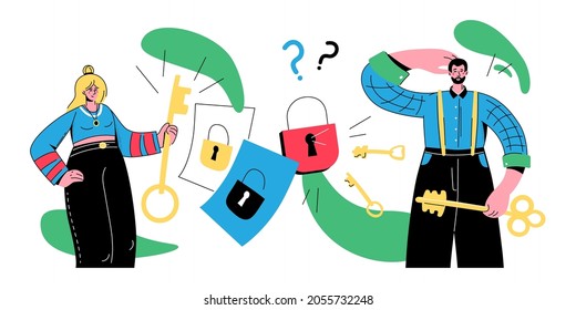 Finding a solution - colorful flat design style banner with trendy characters. A girl and a man holding keys in their hands, there are locks next to them which symbolize difficult task to be completed