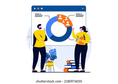 Finding Solution Concept With People Scene In Flat Cartoon Design. Man And Woman Study Client Behavior Of Target Audience And Develop Business Strategy. Vector Illustration Visual Story For Web