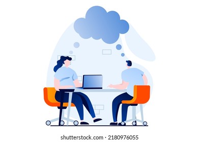 Finding solution concept with people scene in flat cartoon design. Man and woman discussing and talking, collaborating and analyzing statistics in office. Vector illustration visual story for web