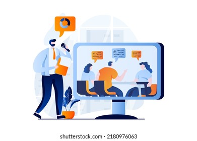 Finding solution concept with people scene in flat cartoon design. Man analyzes data and studies information about clients, works in team with colleagues. Vector illustration visual story for web